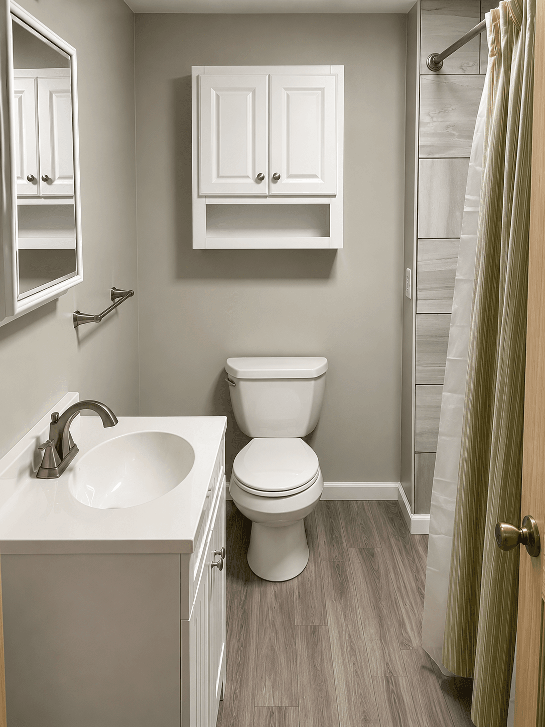 Bathroom remodel by Martelli & Son with new vanity, tile shower, and wood-look flooring